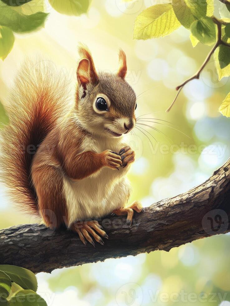 Squirrel Eating Nut on Branch in a Sunny Forest Setting photo