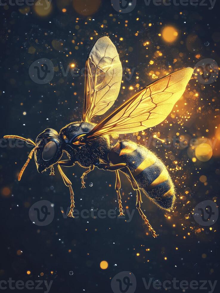Detailed Wasp Illustration with Golden Wings and Glittering Light Effects photo