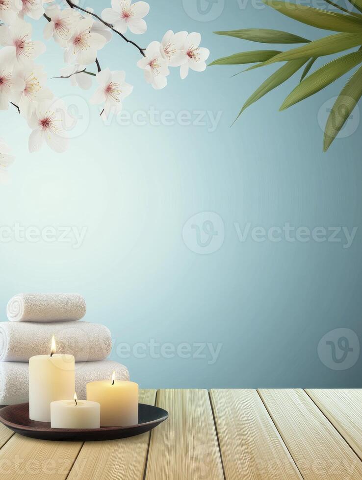 Spa Still Life with Towels Candles and Blossoms for Relaxation photo
