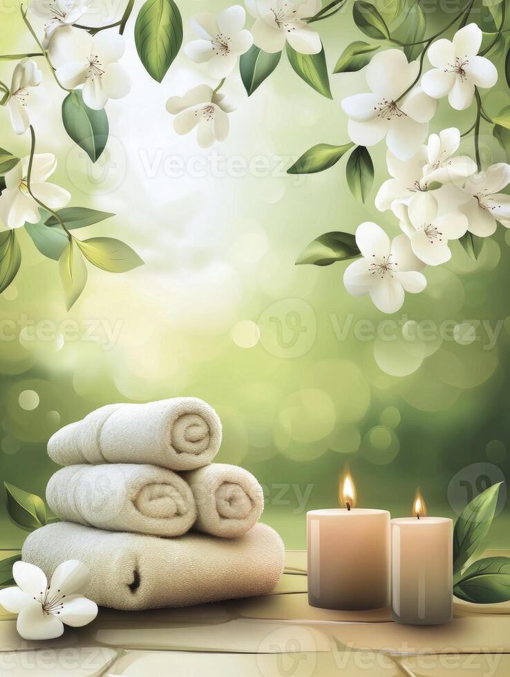 Spa Still Life with Rolled Towels Candles and Blossom Branches photo