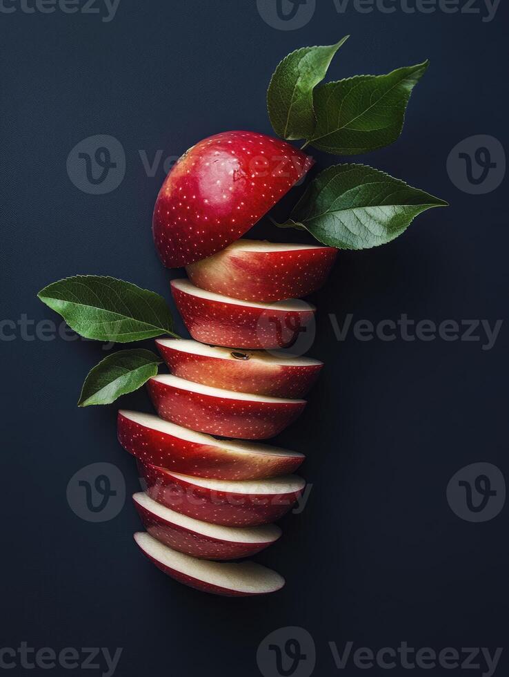 Sliced Red Apple Composition on Dark Background with Green Leaves photo