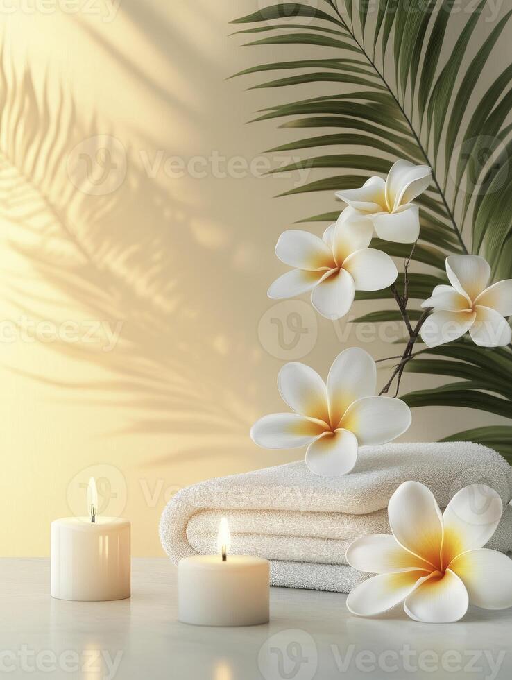 Plumeria Flowers and Candles on Towels Creating a Spa Scene photo