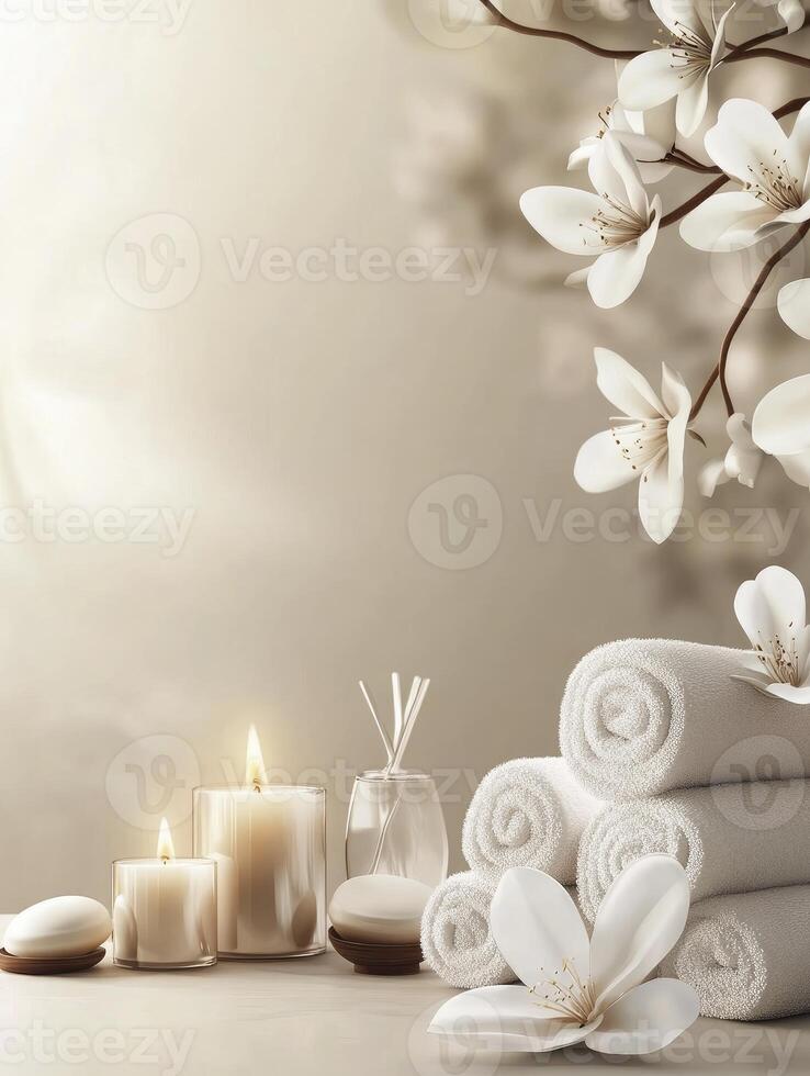 Relaxing Spa Scene with Candles, Towels, and Blossoms for Wellness photo