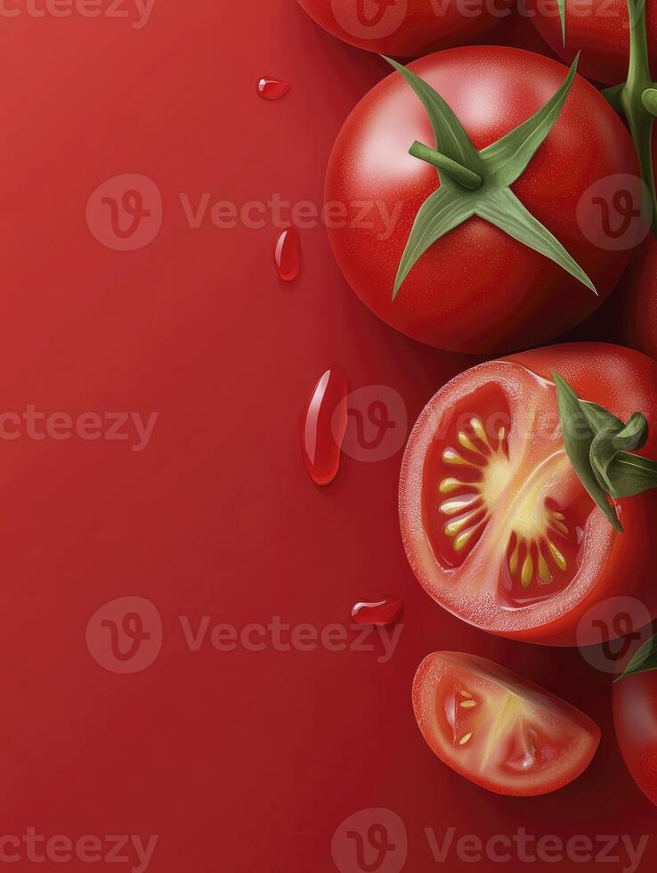 Fresh Tomatoes and Slices on a Red Background with Water Droplets photo