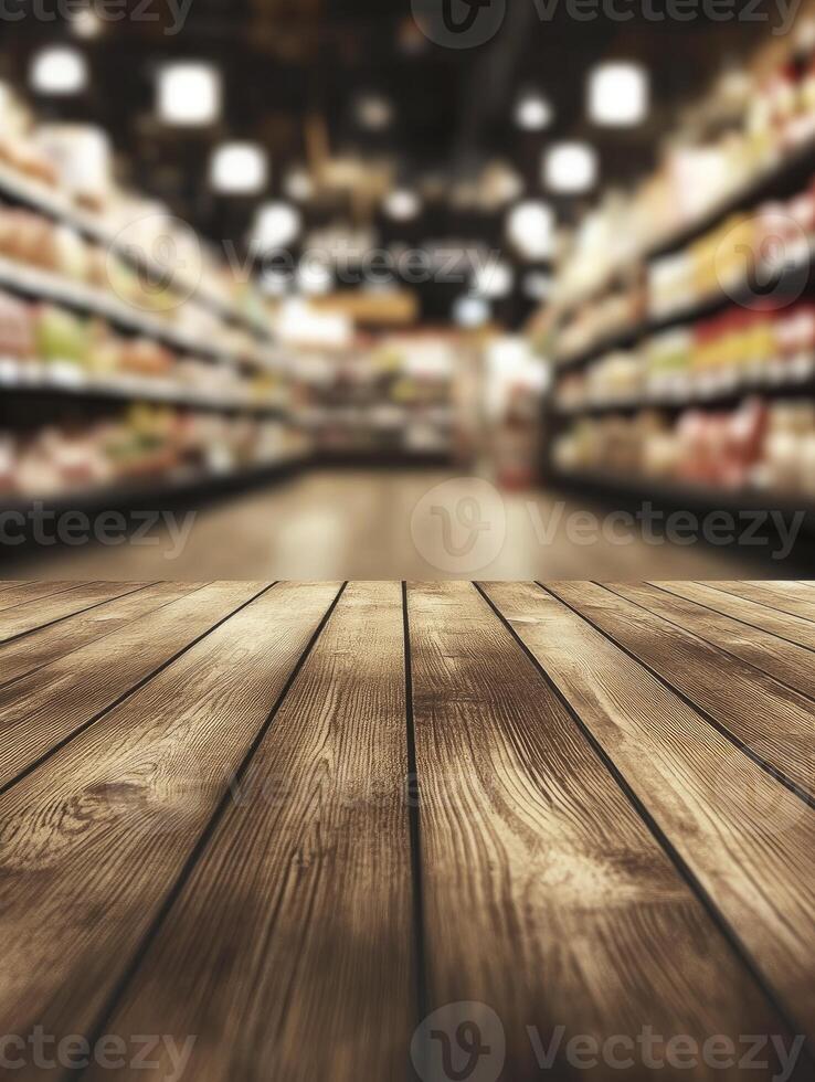 Wooden Tabletop Perspective with Blurred Supermarket Aisle Background for Product Display photo