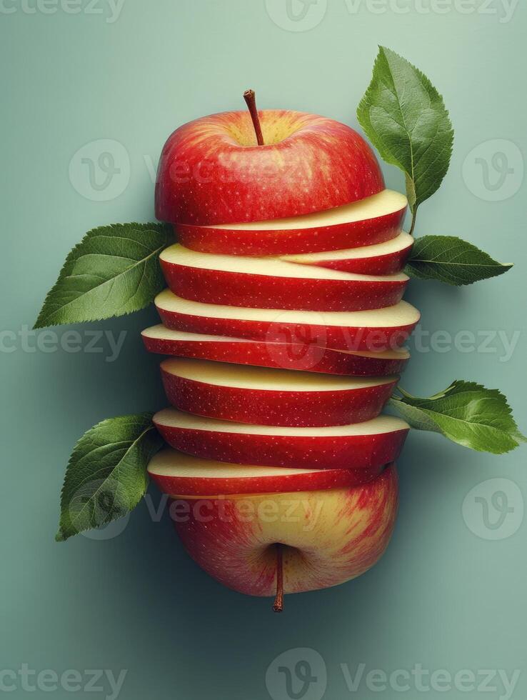 Sliced Red Apple Still Life with Fresh Green Leaves on Light Blue photo