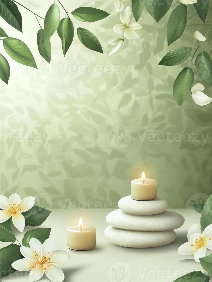 Burning Candles with Stacked Stones and Flowers for Spa Setting photo