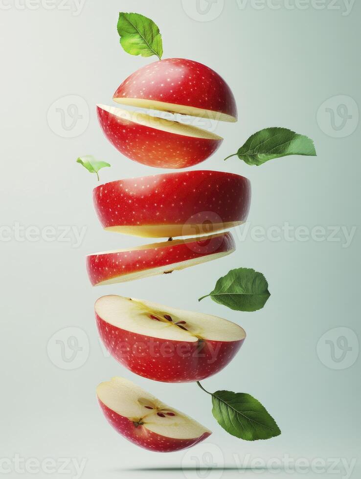 Floating Sliced Red Apple with Green Leaves Still Life Concept photo