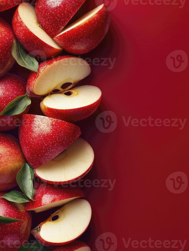 Fresh Red Apples Arranged with Slices on Dark Red Background photo