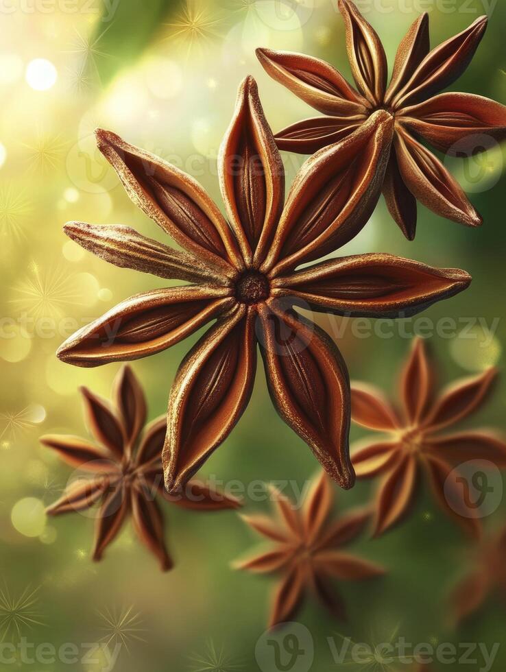 Star Anise Spices Floating with Bokeh Lights on Green Background photo