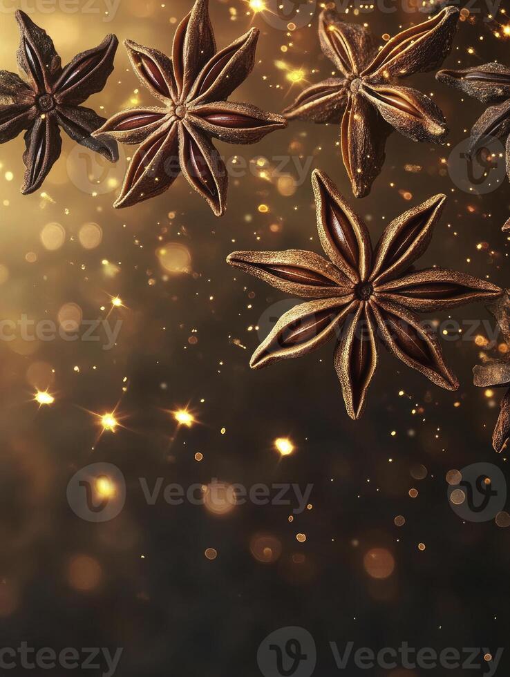 Star Anise Spice Floating with Gold Bokeh Lights Festive Backdrop photo