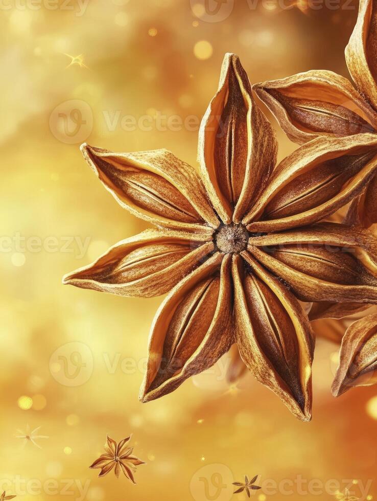 Star Anise Spice Closeup on Golden Bokeh Background for Festive Season photo