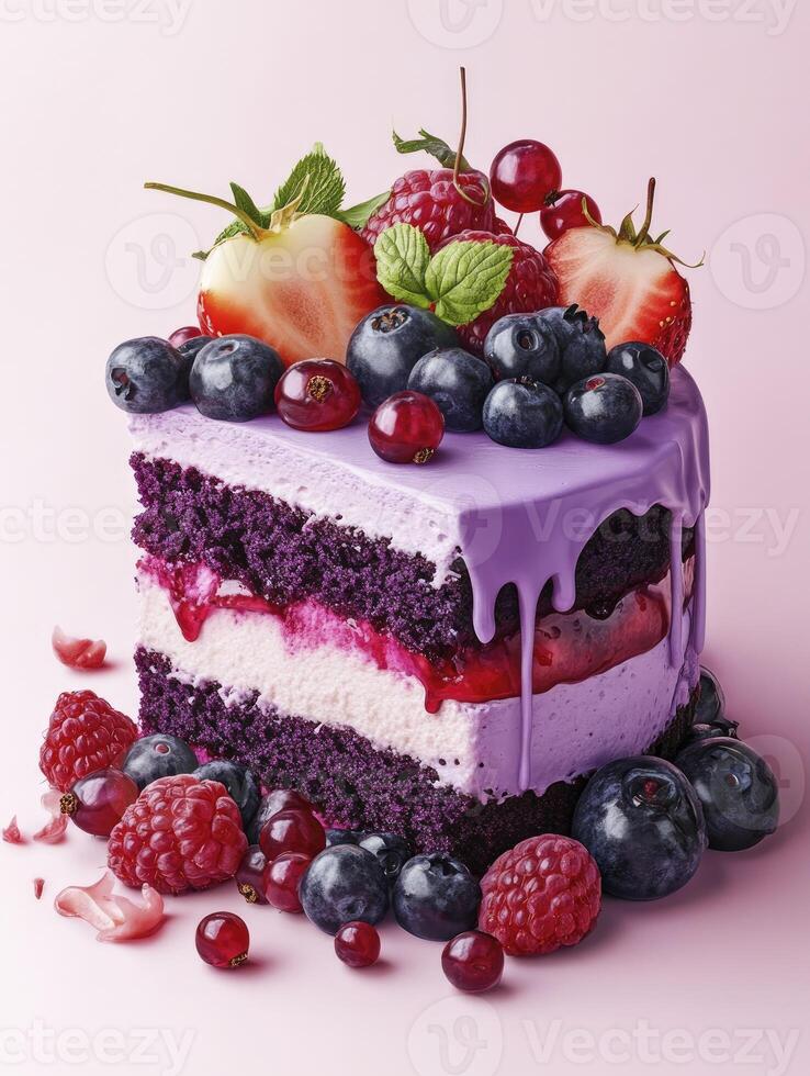 Delicious Cake Slice with Fresh Berries and Lavender Frosting Drizzled on Top photo