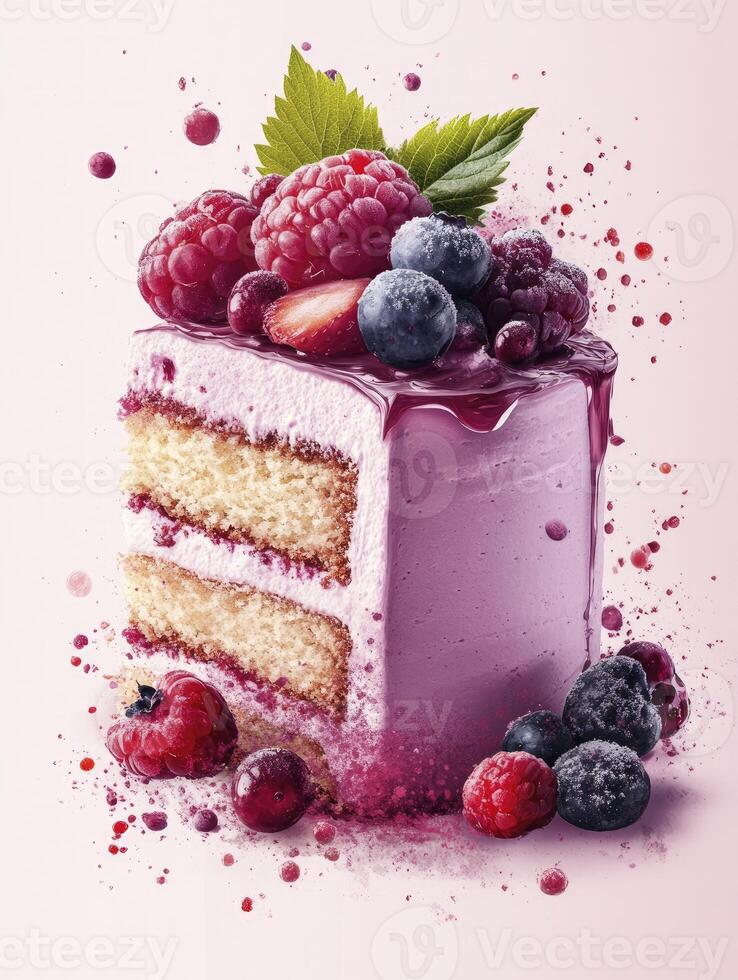 Delicious Berry Cake Slice with Cream Frosting and Colorful Sprinkles photo