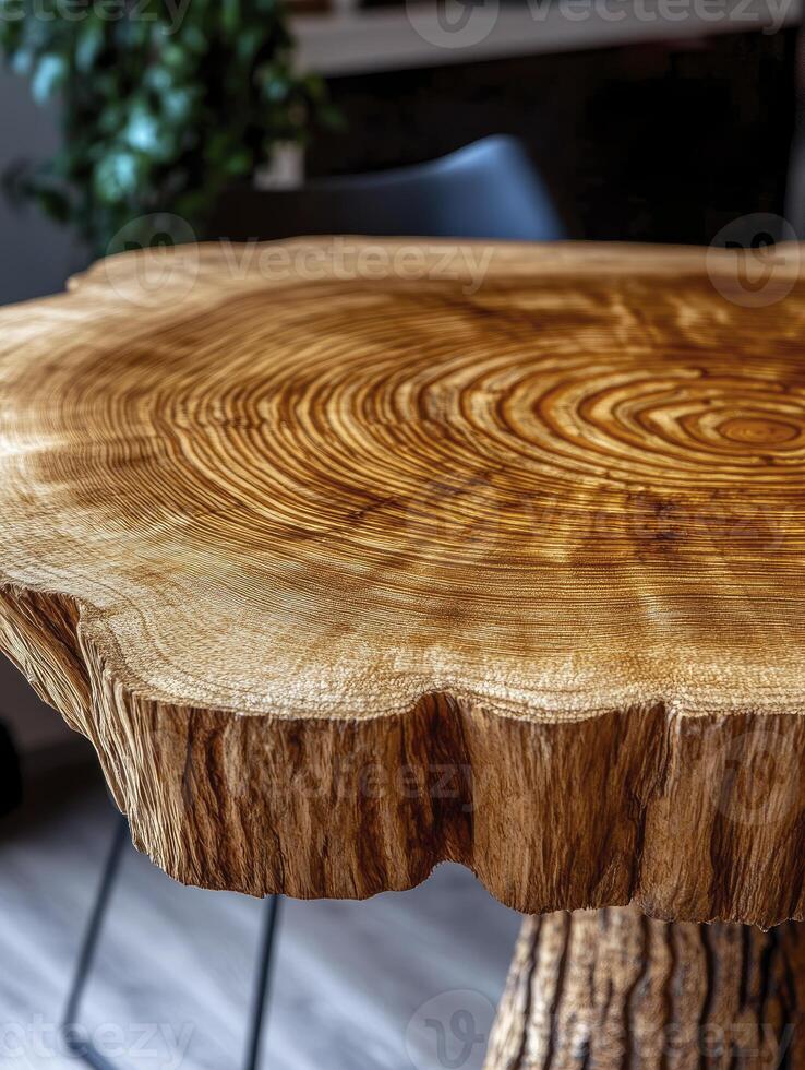 Round Wood Table Top Detail with Tree Rings and Natural Edge photo
