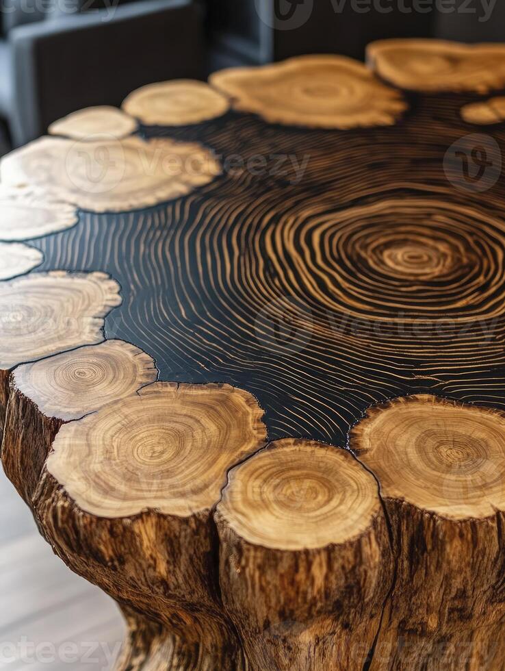 Unique Wooden Table with Dark Resin Filling Showing Tree Rings photo