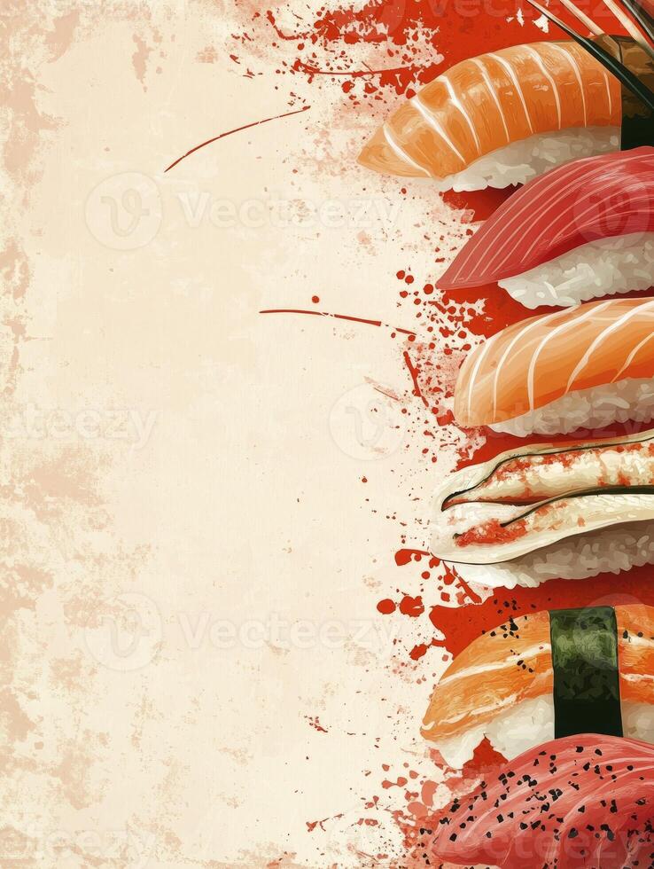 Assorted Sushi Nigiri Set on Textured Background with Red Splatters Illustration photo