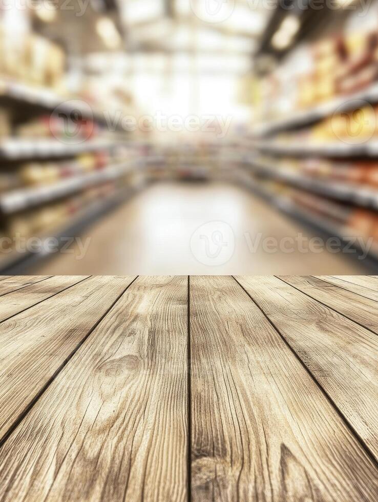 Wooden Plank Surface with Blurred Supermarket Aisle Background for Product Display photo