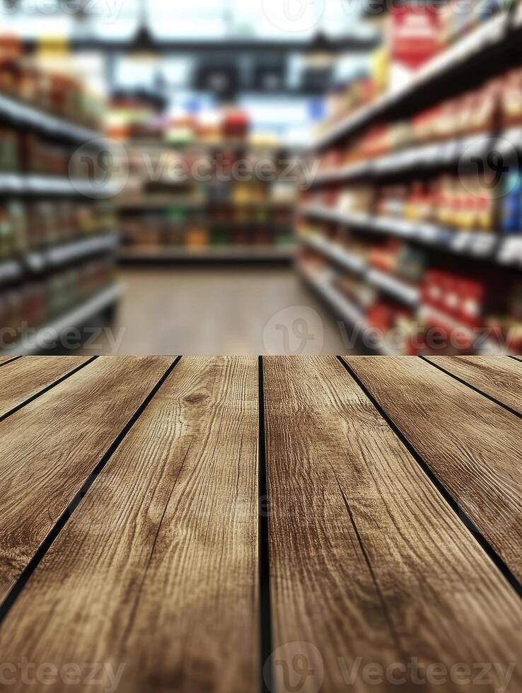 Wooden Table Surface with Blurred Supermarket Aisle Background for Product Display photo