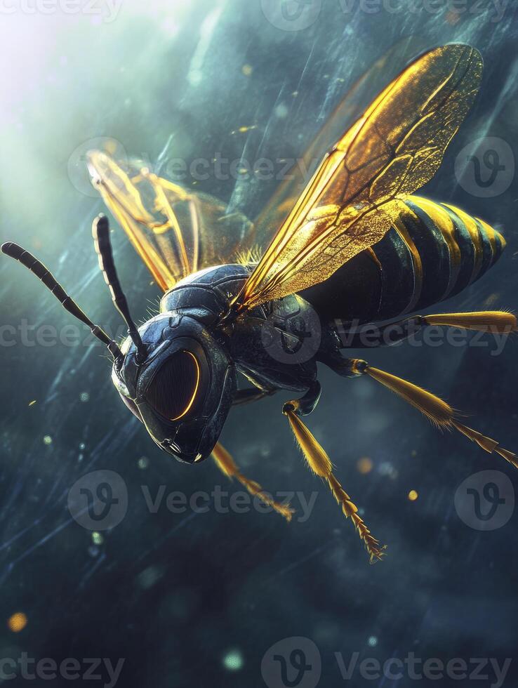 Close-up of Wasp Flying Through Rain with Golden Wings and Details photo