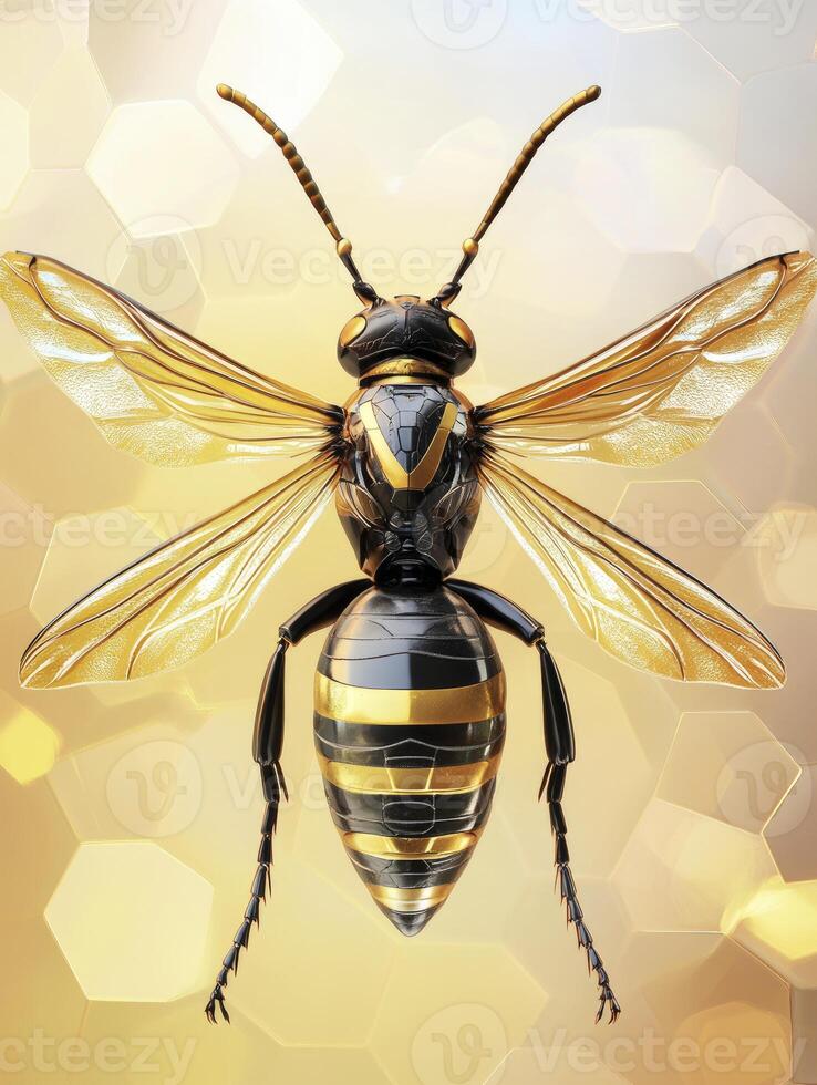 Detailed Wasp Illustration with Metallic Gold and Black Tones on Hexagonal Background photo