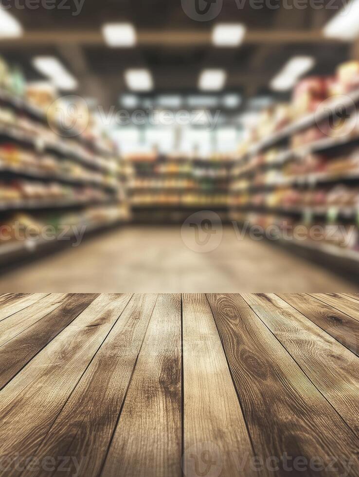 Rustic Wooden Tabletop with Blurred Supermarket Aisle Background for Product Display photo