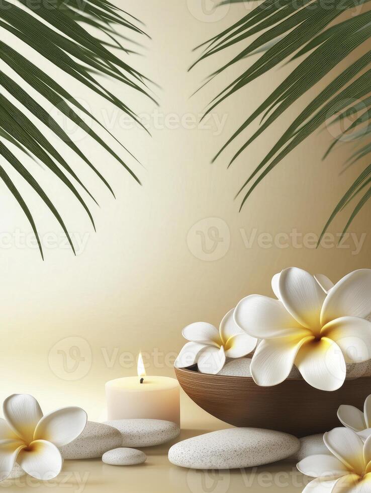 Spa Still Life with Plumeria Flowers Candle and Palm Fronds photo