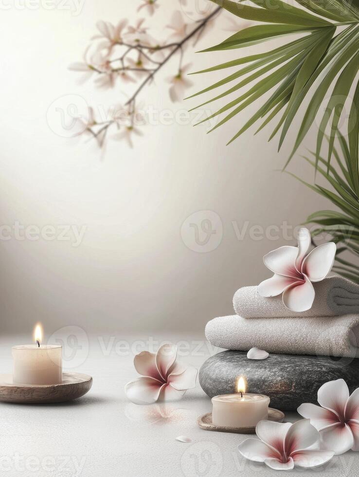 Spa Still Life with Candles, Flowers, and Towels for Wellness photo