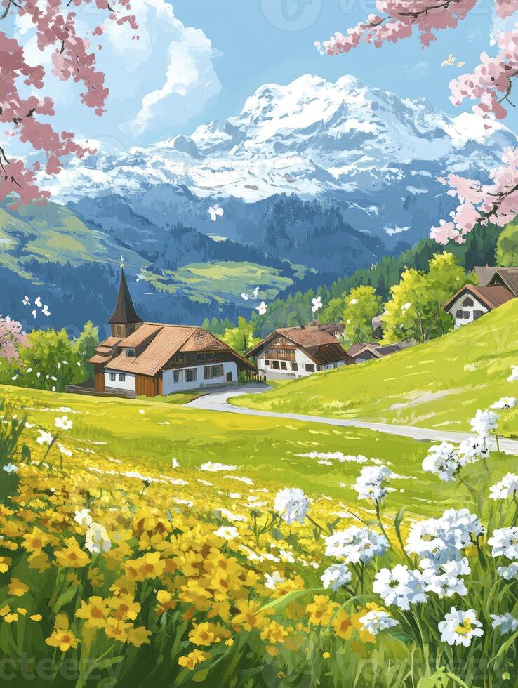 Visiting Charming Swiss Village with Mountain Views and Wildflower Meadow photo