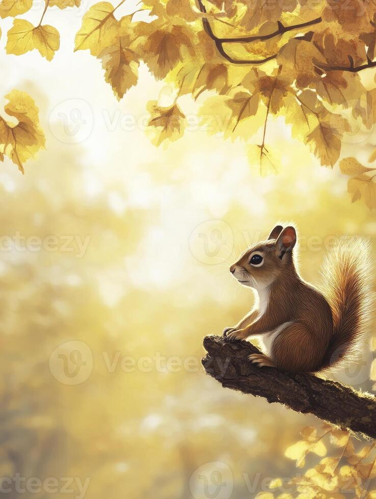 Squirrel Sitting on Branch in Autumn Forest with Golden Light photo