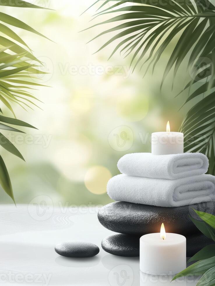 Stacked Stones with Towels and Candles for Spa and Wellness photo