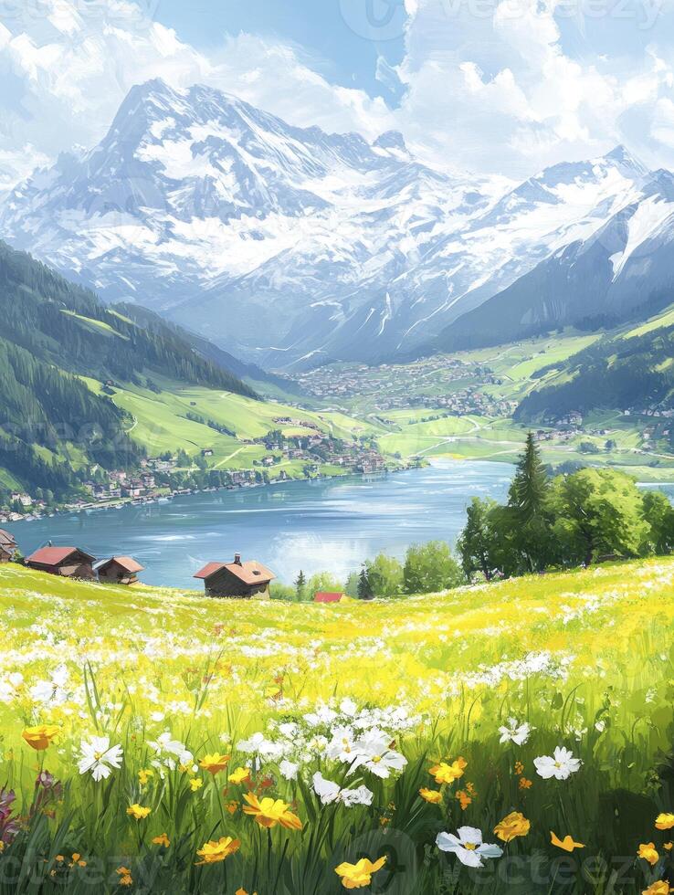 Idyllic Alpine Lake Scenery with Mountains Flowers and Quaint Village View photo