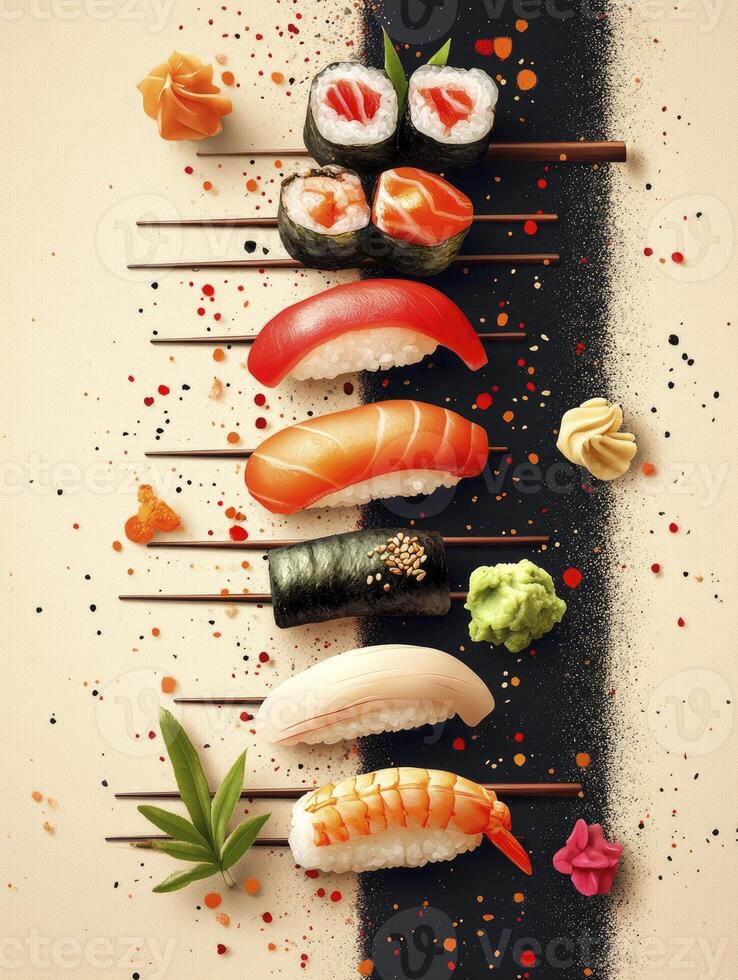 Assorted Sushi Nigiri Rolls with Chopsticks and Ginger Ready to Eat photo