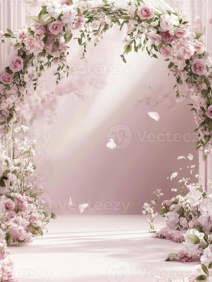 Floral Archway Decorated with Roses and Greenery for Wedding or Event photo