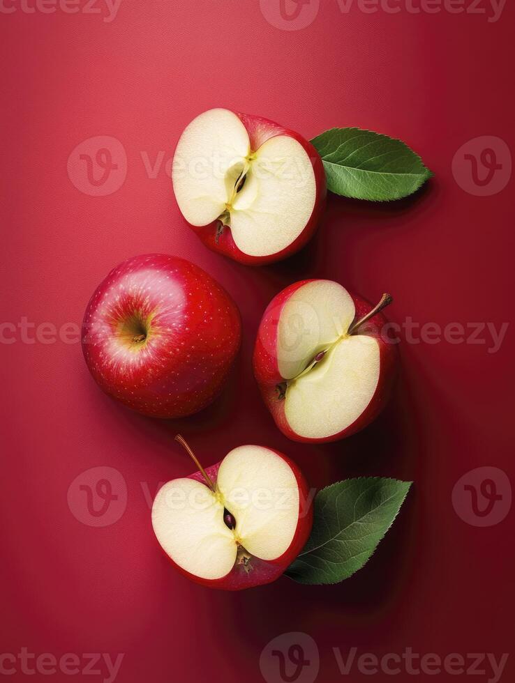 Fresh Red Apples and Halves on a Red Background for Culinary Use photo