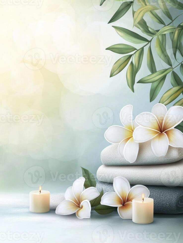 Tranquil Spa Scene with Frangipani Flowers, Candles, and Leafy Branch photo