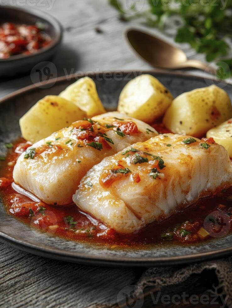 Delicious Cod Fillet with Tomato Sauce and Potatoes Served on Plate photo