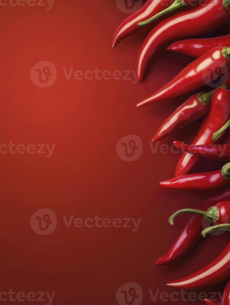 Red Chili Peppers Arranged on Vibrant Red Background for Culinary Concepts photo
