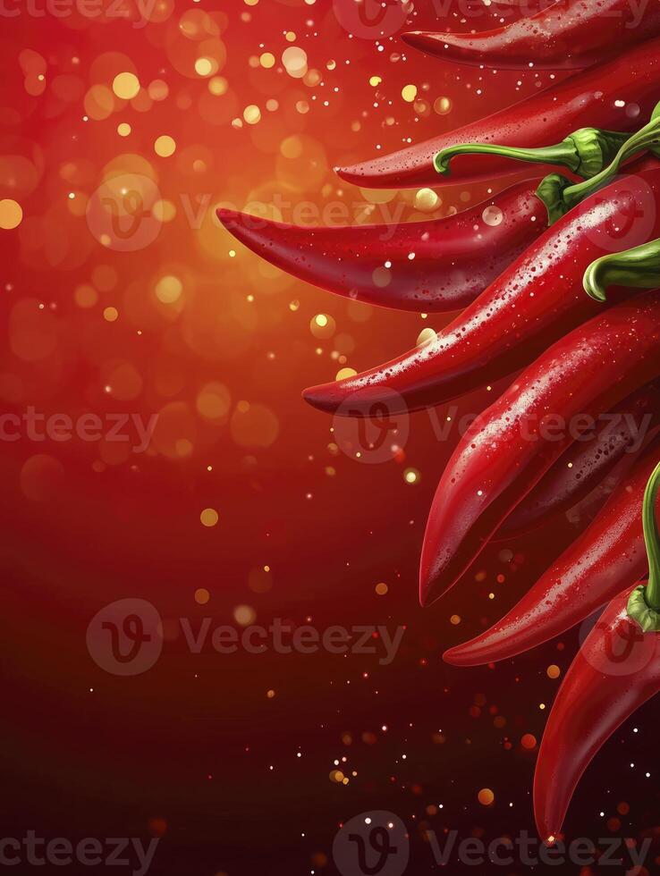 Red Chili Peppers Displayed on a Bright, Festive Red Gradient Background photo