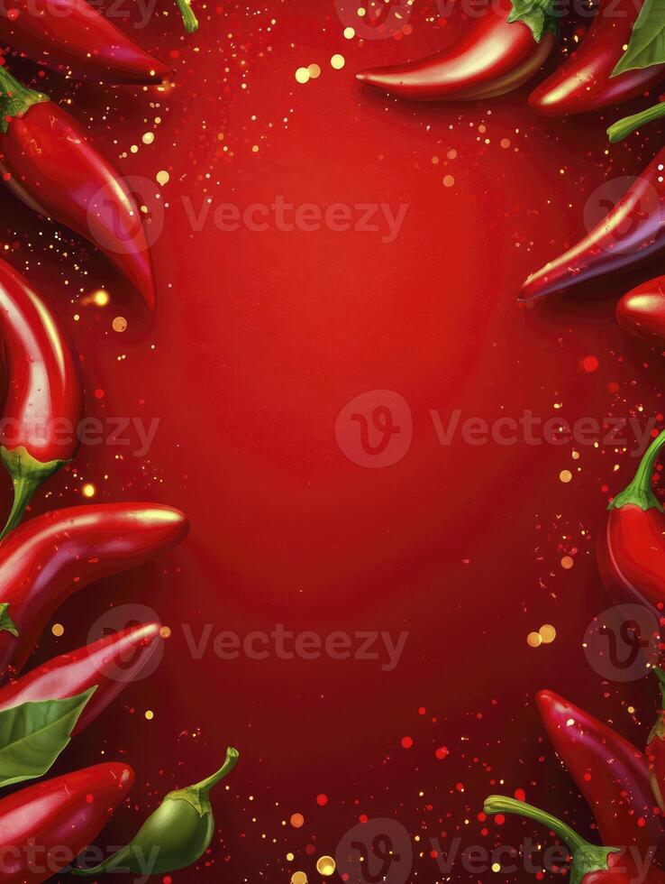 Arrangement of Red Chili Peppers Around Red Background with Sparkles photo