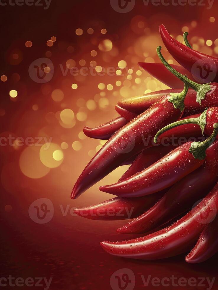 Arrangement of Fresh Red Chili Peppers with Water Droplets on Red photo
