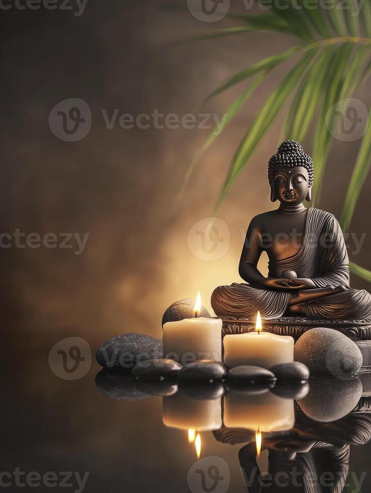 Meditating Buddha Statue with Candles on Reflective Surface for Spiritual Practice photo