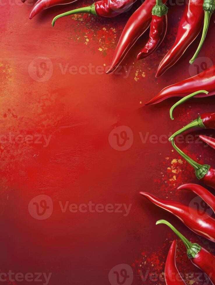 Red Chili Peppers on Red Background with Spice for Culinary Use photo