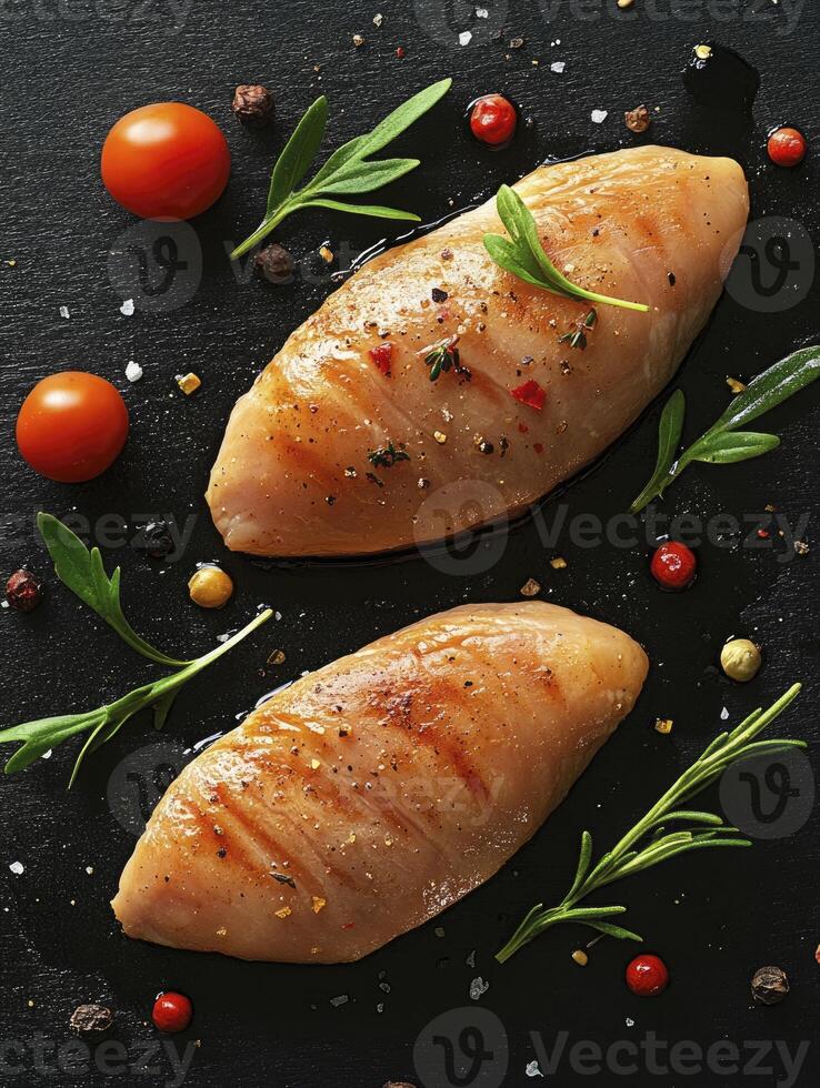 Grilled Chicken Breast Fillets with Fresh Herbs on Black Stone Surface photo