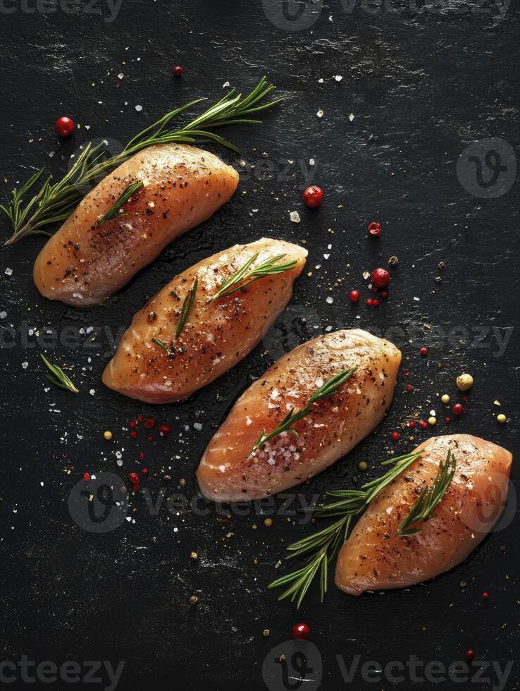 Preparing Chicken Breast with Rosemary and Spices on Black Slate photo