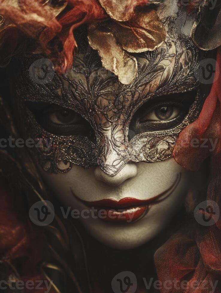Woman Wearing Ornate Carnival Mask with Mysterious and Dramatic Lighting photo