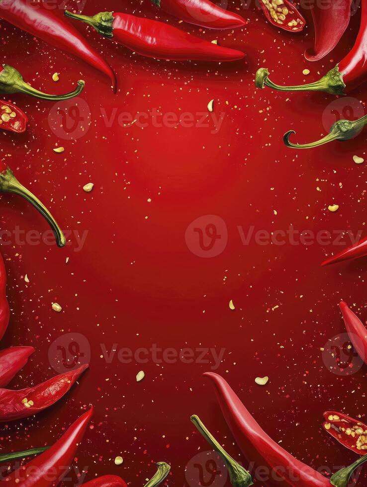 Red Chili Peppers and Seeds Bordering a Red Background with Space photo