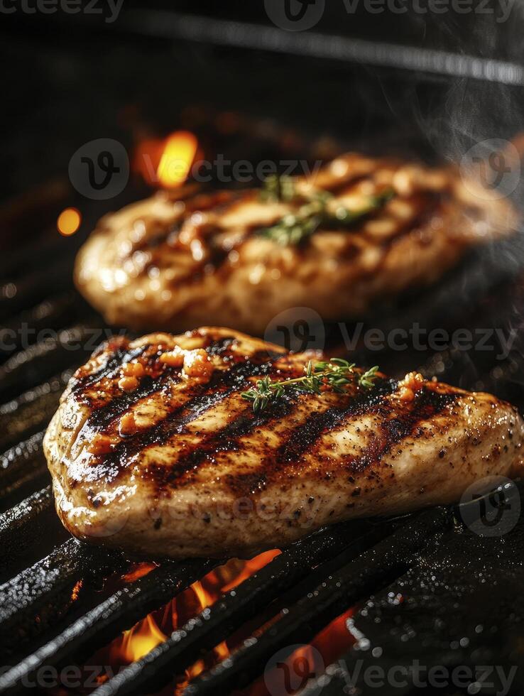 Grilling Chicken Breast on Barbecue with Flames for Tasty Dinner photo