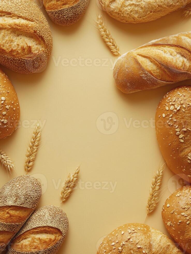 Variety of Fresh Baked Bread with Wheat Stalks on Cream Background photo