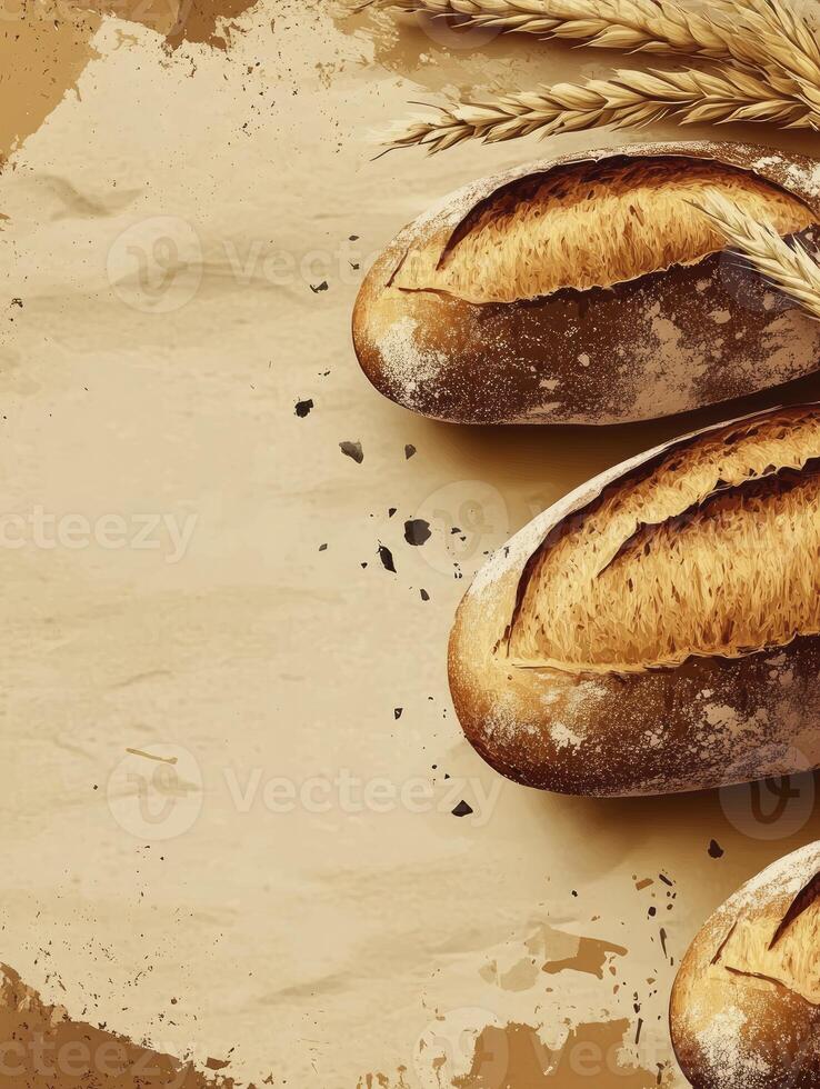 Artistic Bread Loaves and Wheat Stalks on Vintage Paper Background photo